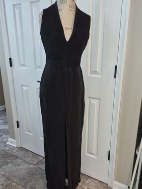 BRANDON MAXWELL CHARCOAL V NECK LONG SLIT FRONT TEXTURED BODY DRESS